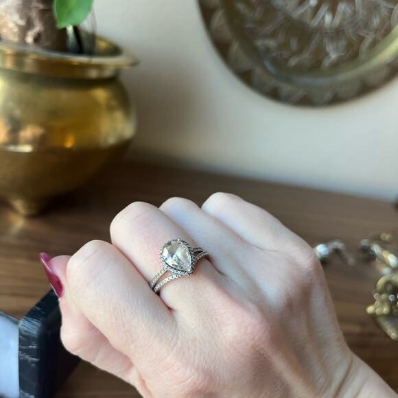 Pandora Sparkling Teardrop Halo 925 ALE Sterling Silver WEDDING Ring Set - Picture 3 of 8